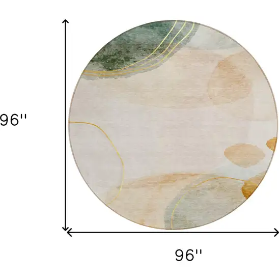 Beige and Green Round Abstract Washable Non Skid Indoor Outdoor Area Rug Photo 9