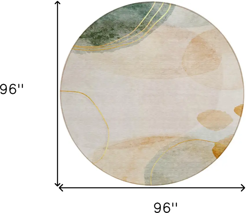 Beige and Green Round Abstract Washable Non Skid Indoor Outdoor Area Rug Photo 3