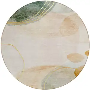 Photo of 8' Round Beige and Green Round Abstract Washable Non Skid Indoor Outdoor Area Rug