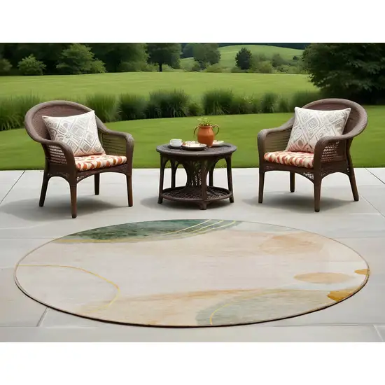 Beige and Green Round Abstract Washable Non Skid Indoor Outdoor Area Rug Photo 1