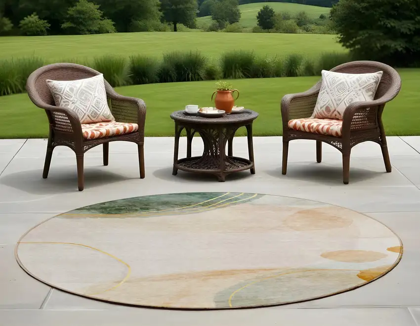 Beige and Green Round Abstract Washable Non Skid Indoor Outdoor Area Rug Photo 1