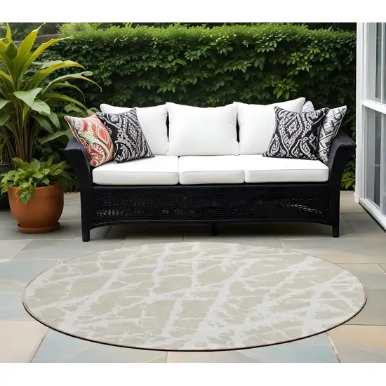 Beige and Ivory Round Abstract Washable Non Skid Indoor Outdoor Area Rug Photo 1