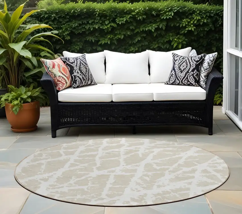 Beige and Ivory Round Abstract Washable Non Skid Indoor Outdoor Area Rug Photo 1