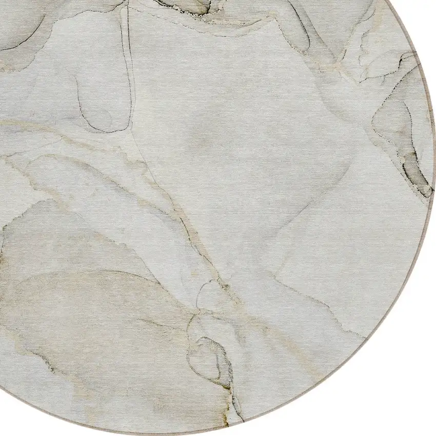 Beige and Ivory Round Abstract Washable Non Skid Indoor Outdoor Area Rug Photo 5