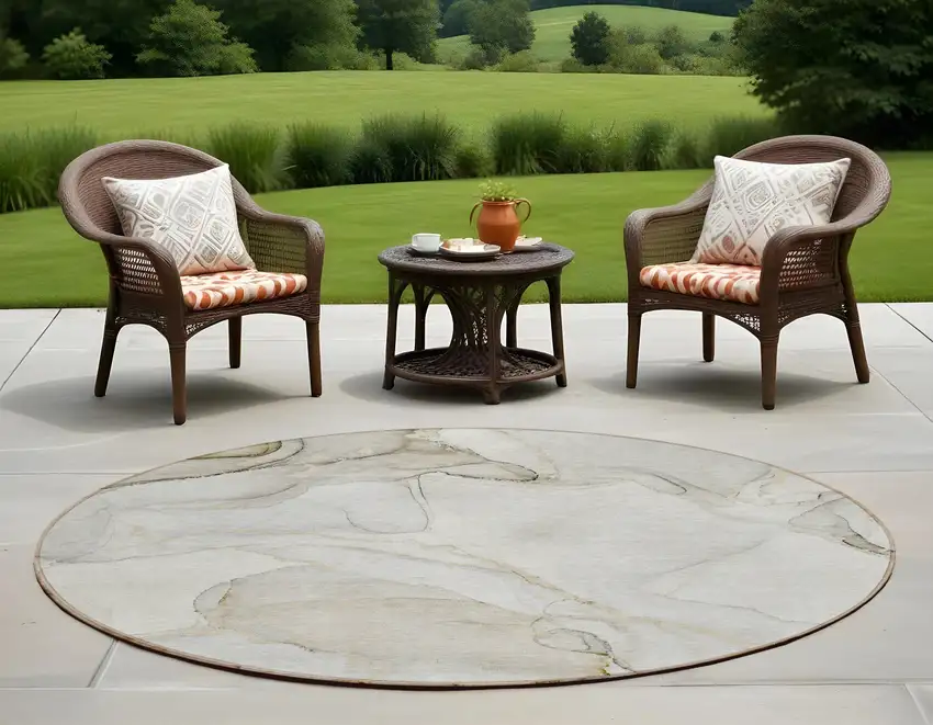 Beige and Ivory Round Abstract Washable Non Skid Indoor Outdoor Area Rug Photo 2