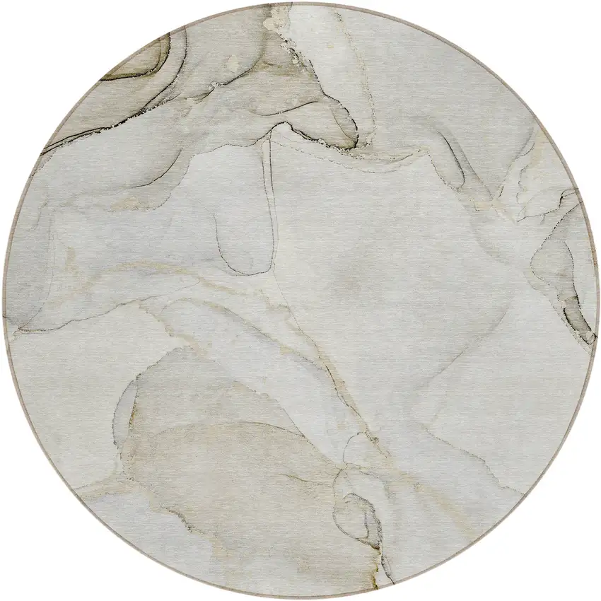 Beige and Ivory Round Abstract Washable Non Skid Indoor Outdoor Area Rug Photo 1