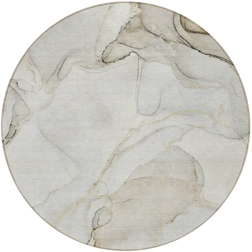 Beige and Ivory Round Abstract Washable Non Skid Indoor Outdoor Area Rug Photo 6