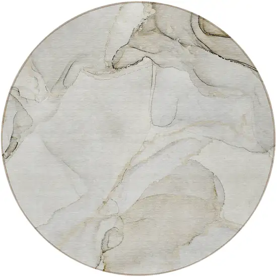 Beige and Ivory Round Abstract Washable Non Skid Indoor Outdoor Area Rug Photo 6