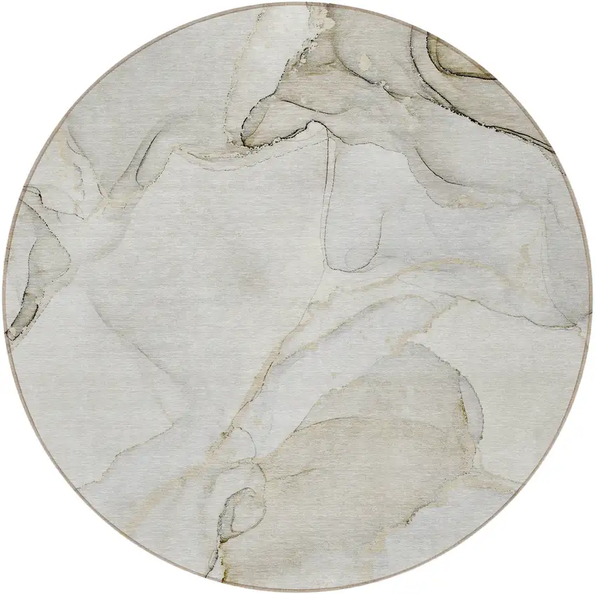 Beige and Ivory Round Abstract Washable Non Skid Indoor Outdoor Area Rug Photo 6