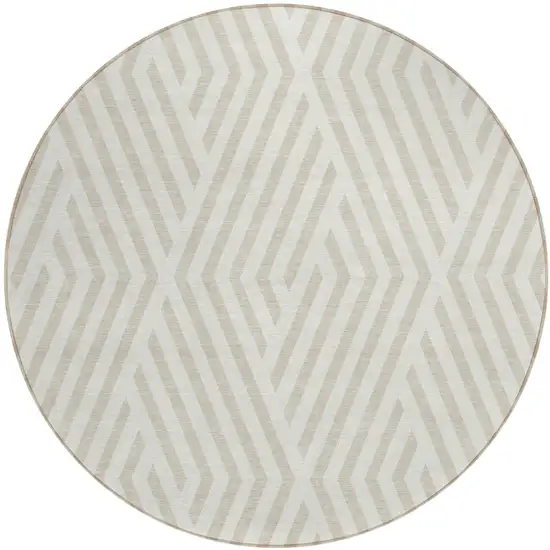 Beige and Ivory Round Geometric Washable Non Skid Indoor Outdoor Area Rug Photo 2