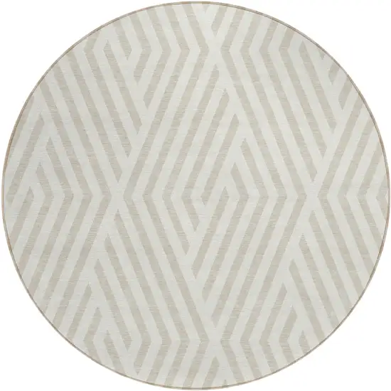 Beige and Ivory Round Geometric Washable Non Skid Indoor Outdoor Area Rug Photo 2
