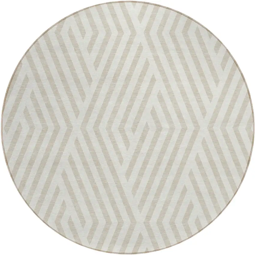 Beige and Ivory Round Geometric Washable Non Skid Indoor Outdoor Area Rug Photo 2