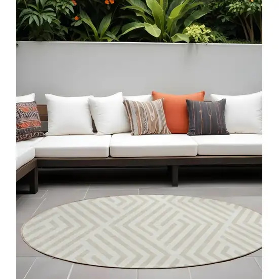 Beige and Ivory Round Geometric Washable Non Skid Indoor Outdoor Area Rug Photo 1