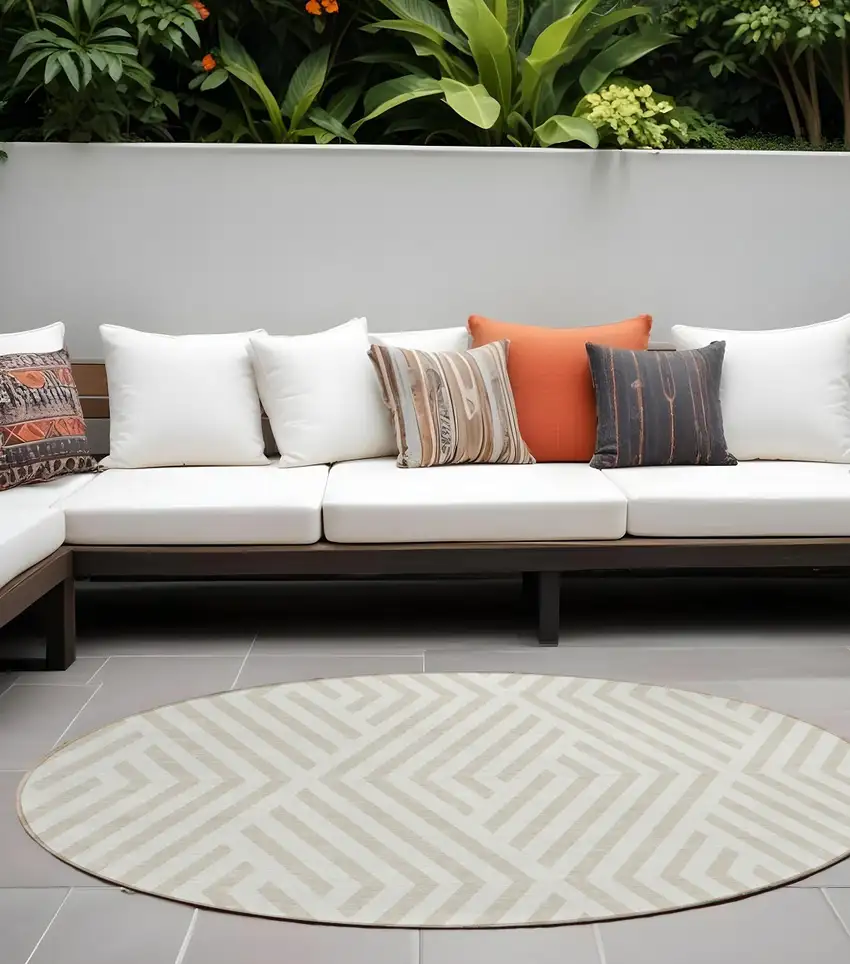 Beige and Ivory Round Geometric Washable Non Skid Indoor Outdoor Area Rug Photo 1
