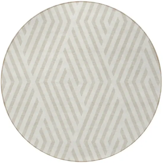 Beige and Ivory Round Geometric Washable Non Skid Indoor Outdoor Area Rug Photo 5