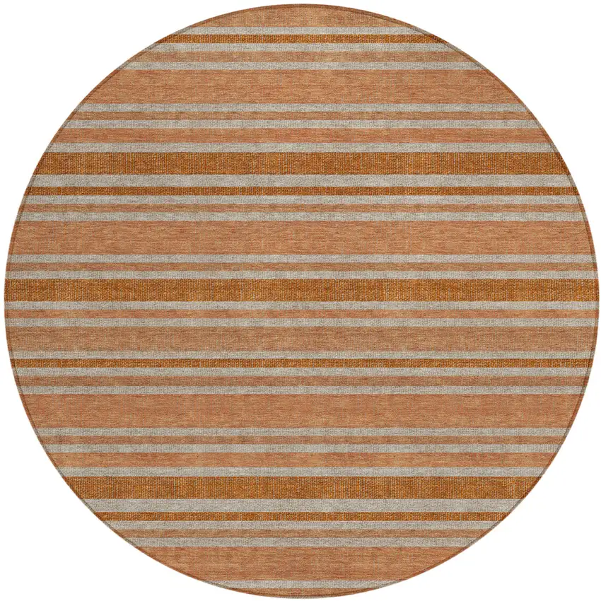 8' Round Beige and Orange Round Striped Washable Non Skid Indoor Outdoor Area Rug Photo 2