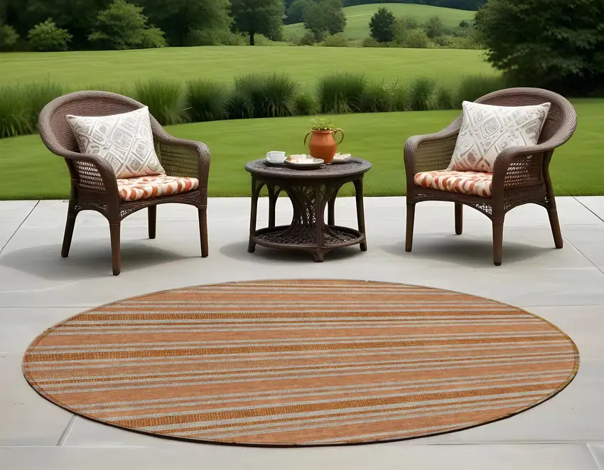 Beige and Orange Round Striped Washable Non Skid Indoor Outdoor Area Rug Photo 1
