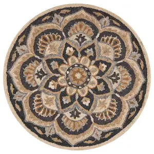 Photo of 4' Round Black Flower Blossom Area Rug