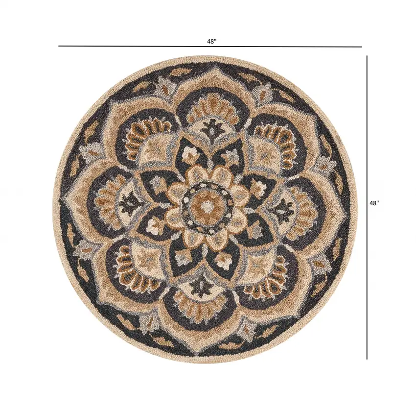 4' Round Black Flower Blossom Area Rug Photo 4