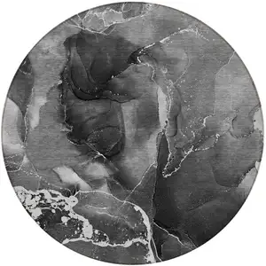 Photo of 8' Round Black Gray and White Round Abstract Washable Non Skid Indoor Outdoor Area Rug