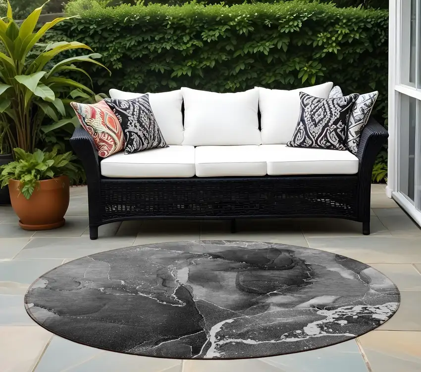 8' Round Black Gray and White Round Abstract Washable Non Skid Indoor Outdoor Area Rug Photo 1