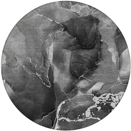 Black Gray and White Round Abstract Washable Non Skid Indoor Outdoor Area Rug Photo 2