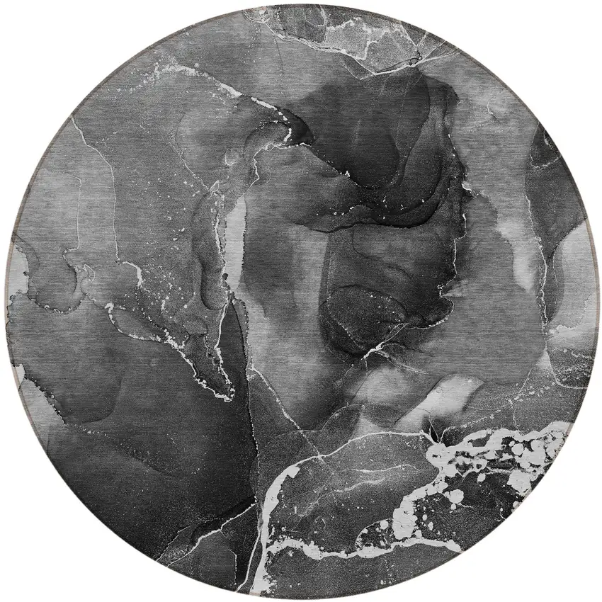 Black Gray and White Round Abstract Washable Non Skid Indoor Outdoor Area Rug Photo 2