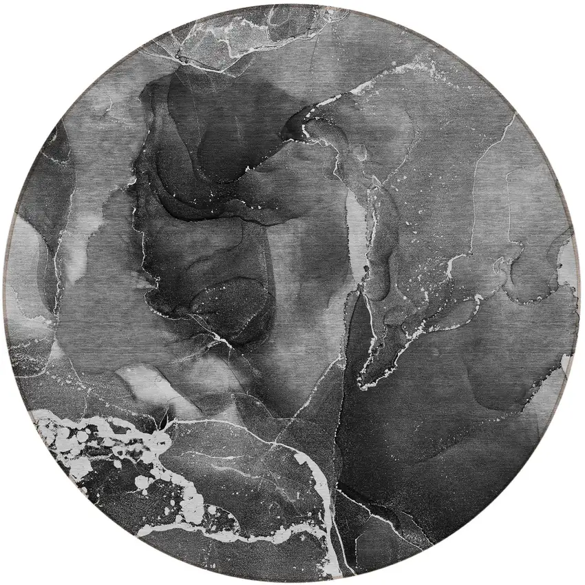 Black Gray and White Round Abstract Washable Non Skid Indoor Outdoor Area Rug Photo 5