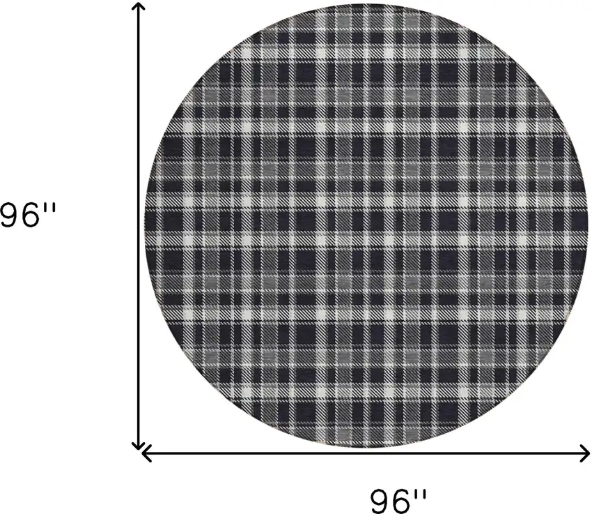 Black Gray and White Round Plaid Washable Non Skid Indoor Outdoor Area Rug Photo 3