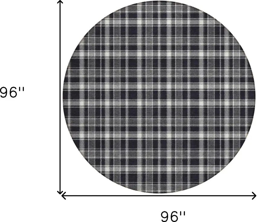 Black Gray and White Round Plaid Washable Non Skid Indoor Outdoor Area Rug Photo 3