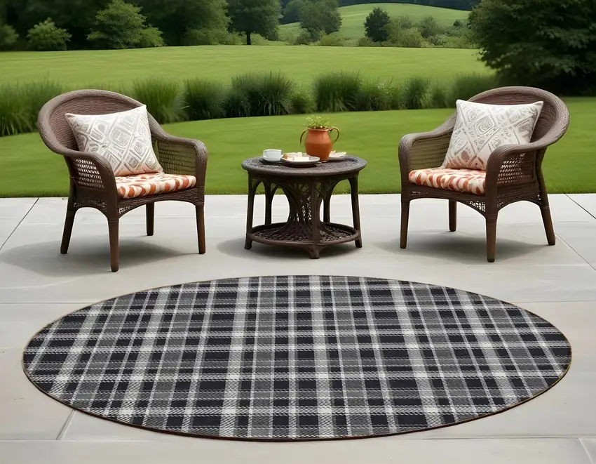 Black Gray and White Round Plaid Washable Non Skid Indoor Outdoor Area Rug Photo 1