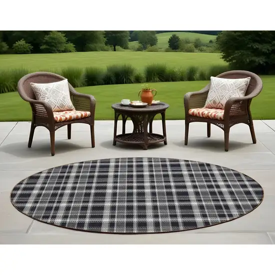 Black Gray and White Round Plaid Washable Non Skid Indoor Outdoor Area Rug Photo 1
