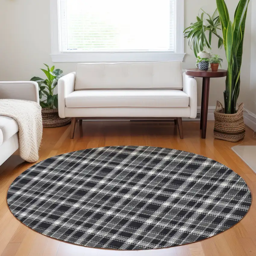 Black Gray and White Round Plaid Washable Non Skid Indoor Outdoor Area Rug Photo 9