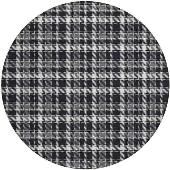 Black Gray and White Round Plaid Washable Non Skid Indoor Outdoor Area Rug Photo 2