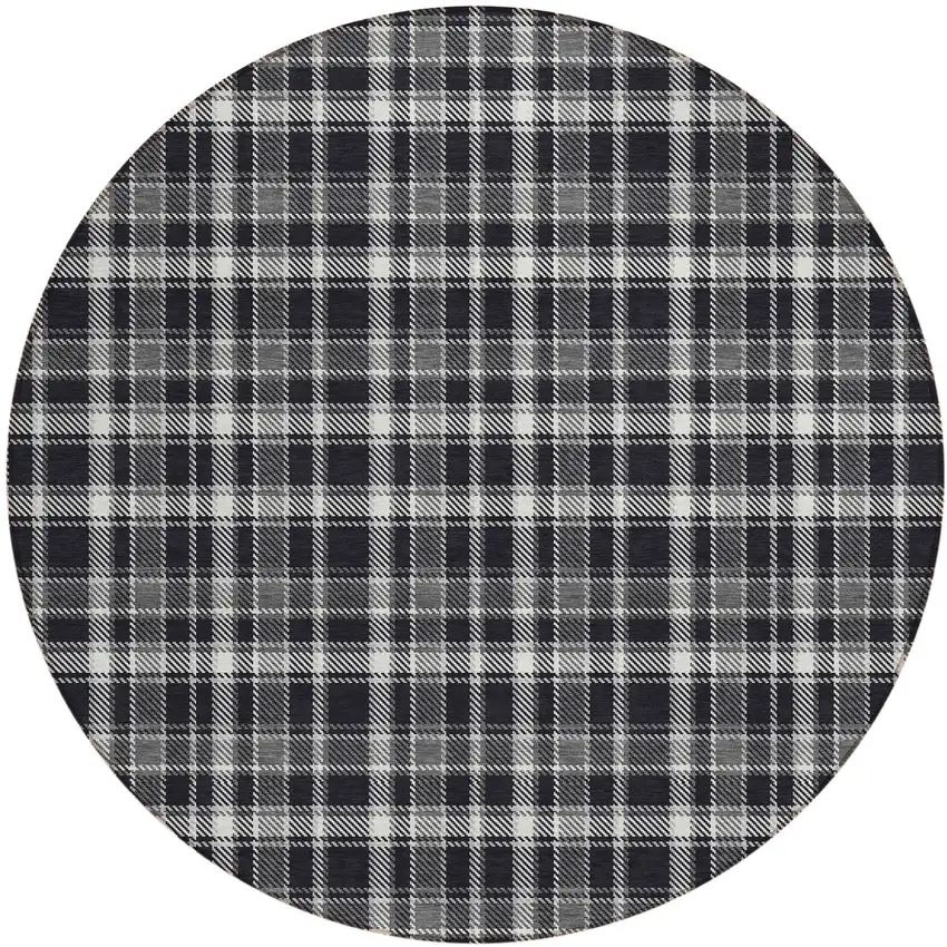 Black Gray and White Round Plaid Washable Non Skid Indoor Outdoor Area Rug Photo 2