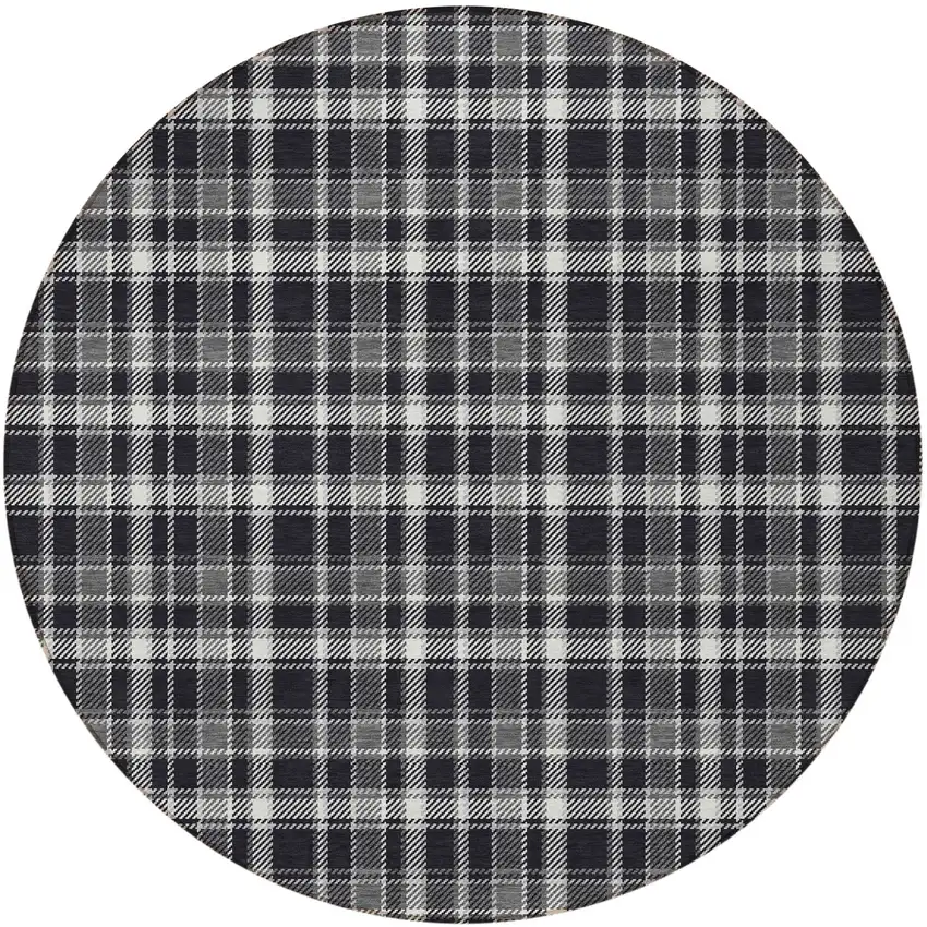 Black Gray and White Round Plaid Washable Non Skid Indoor Outdoor Area Rug Photo 5