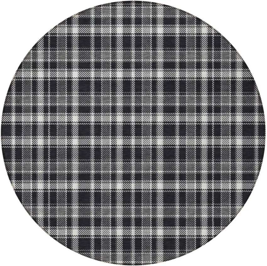 Black Gray and White Round Plaid Washable Non Skid Indoor Outdoor Area Rug Photo 5
