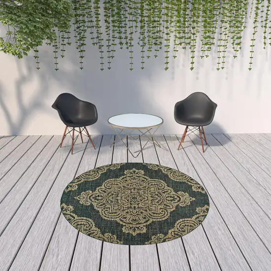 8' Round Black Round Oriental Stain Resistant Indoor Outdoor Area Rug Photo 2