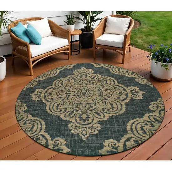 Black and Tan Round Oriental Stain Resistant Indoor Outdoor Area Rug Photo 1