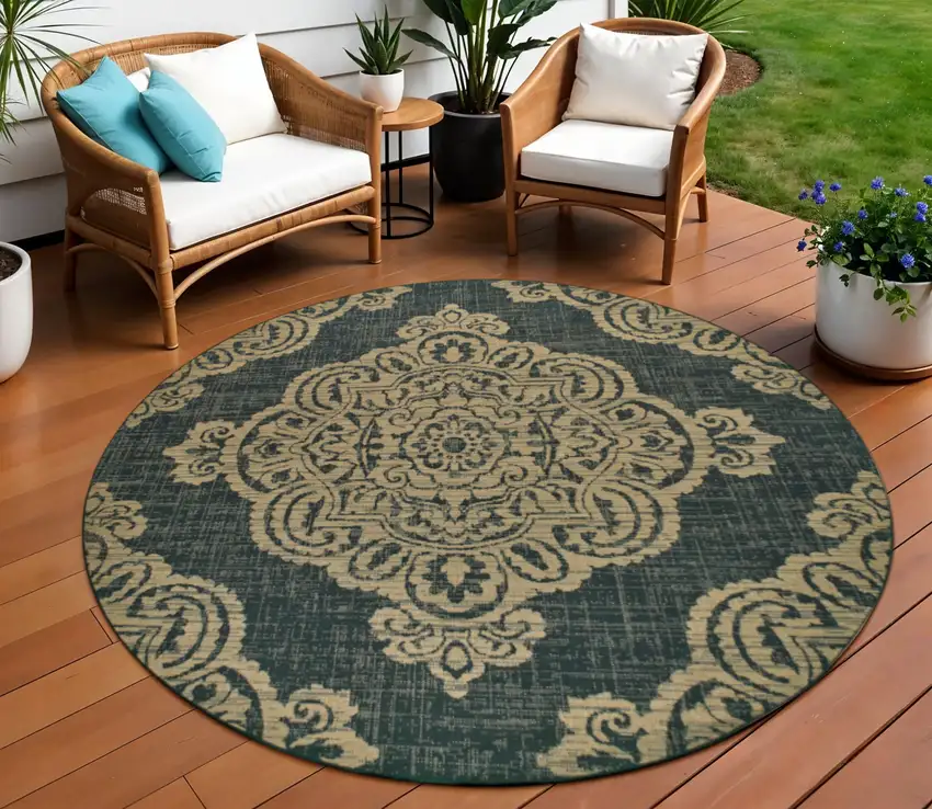 Black and Tan Round Oriental Stain Resistant Indoor Outdoor Area Rug Photo 1
