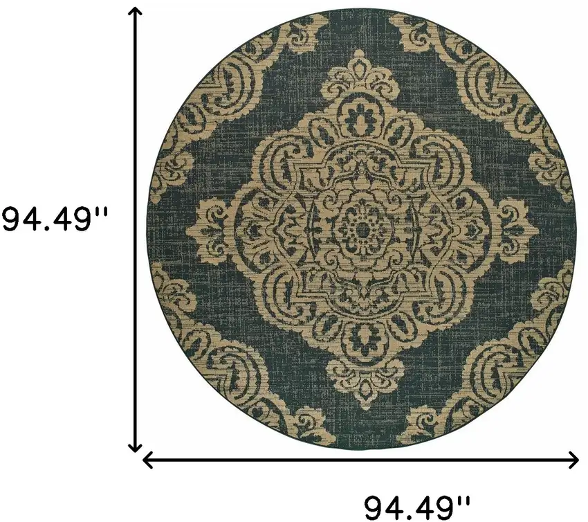 8' Round Black Round Oriental Stain Resistant Indoor Outdoor Area Rug Photo 5