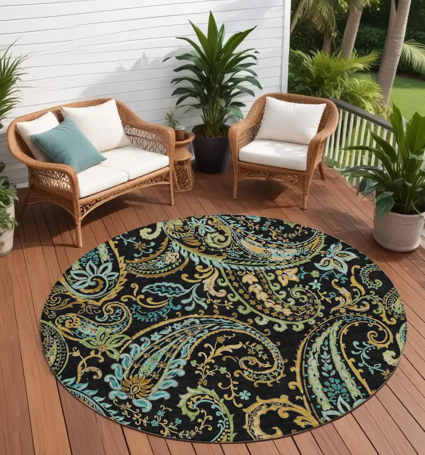 Black and Gold Round Paisley Washable Non Skid Indoor Outdoor Area Rug Photo 1