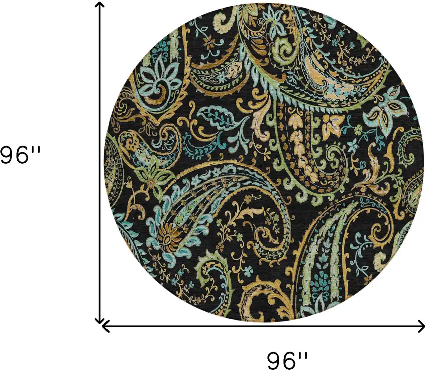 8' Round Black and Gold Round Paisley Washable Non Skid Indoor Outdoor Area Rug Photo 9