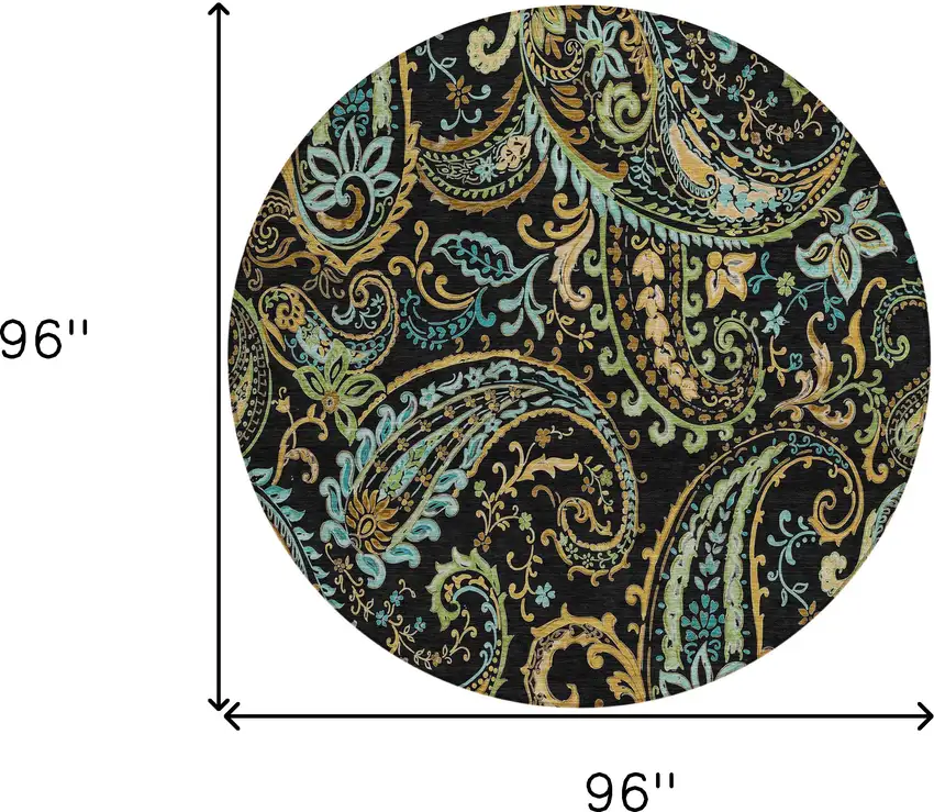 8' Round Black and Gold Round Paisley Washable Non Skid Indoor Outdoor Area Rug Photo 9