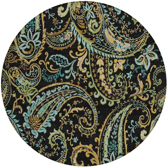 Black and Gold Round Paisley Washable Non Skid Indoor Outdoor Area Rug Photo 2