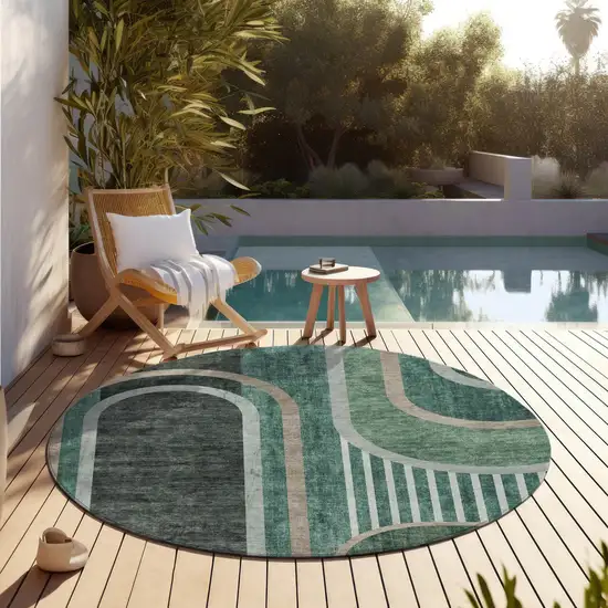 Black and Green Round Abstract Washable Indoor Outdoor Area Rug Photo 6