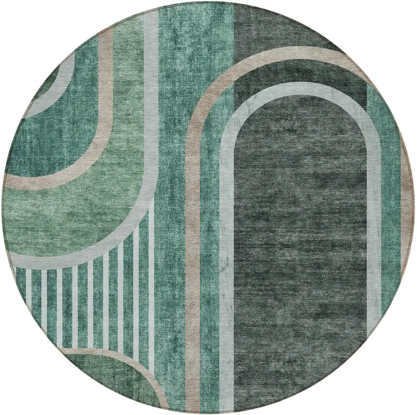 8' Round Black and Green Round Abstract Washable Non Skid Indoor Outdoor Area Rug Photo 2