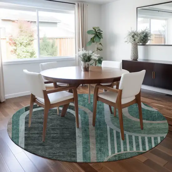 Black and Green Round Abstract Washable Indoor Outdoor Area Rug Photo 7