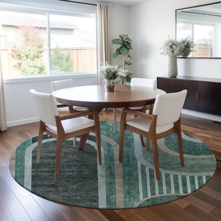 Black and Green Round Abstract Washable Indoor Outdoor Area Rug Photo 7
