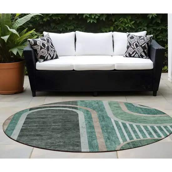 Black and Green Round Abstract Washable Indoor Outdoor Area Rug Photo 1